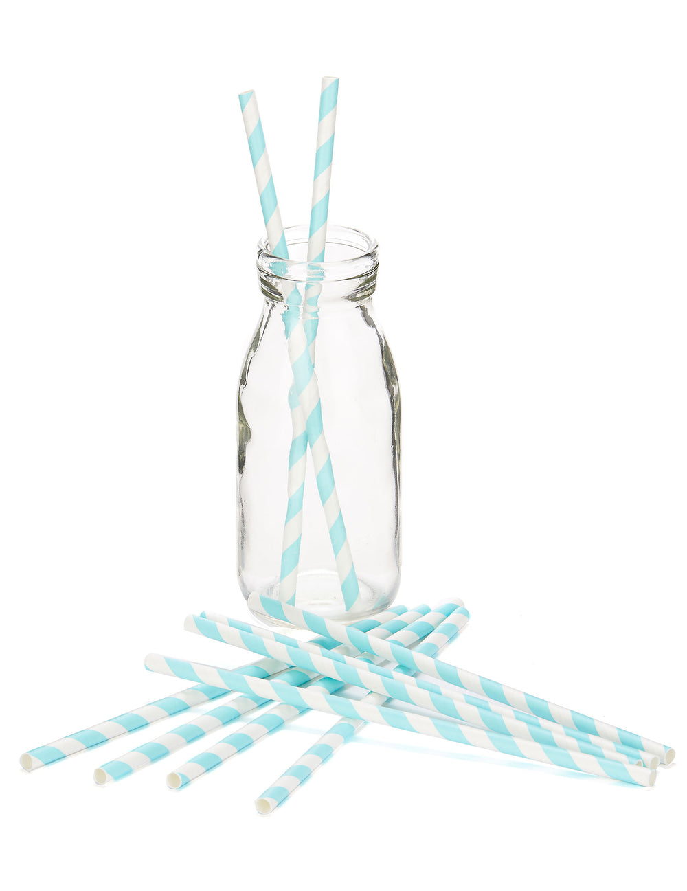 Mise en situation des pailles en carton rayées bleu pastel