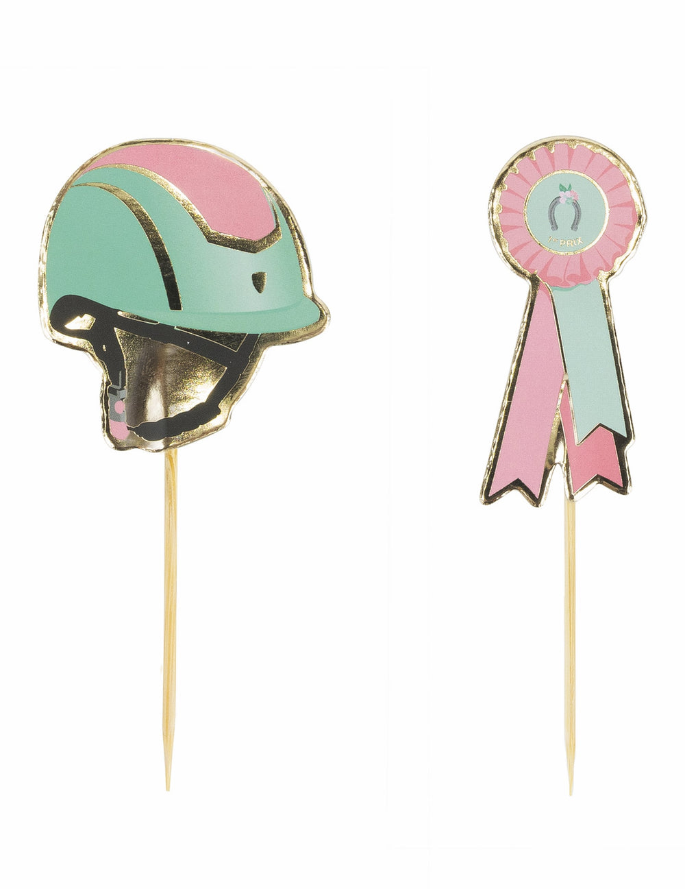 Pics à cocktail cheval équitation en bois rose vert et doré