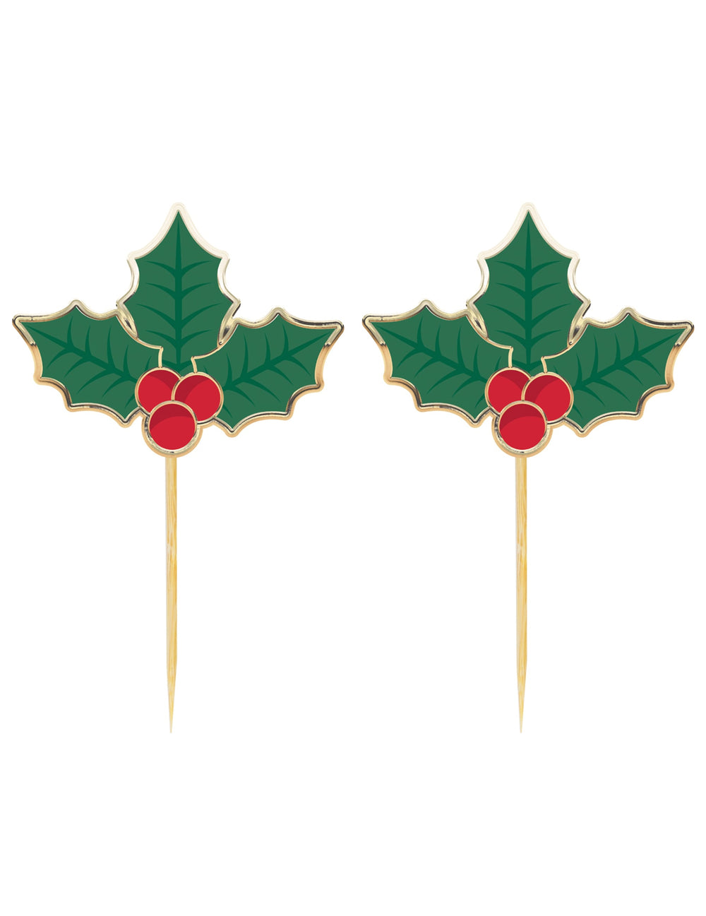 Pics à cocktail houx de Noël pour fête vert et rouge en bois