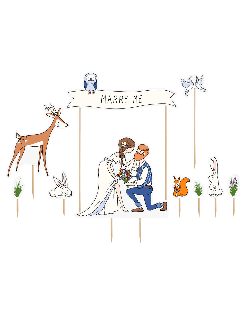 Pics à gâteaux mariés nature pour mariage multicolores décor champêtre avec animaux de la forêt
