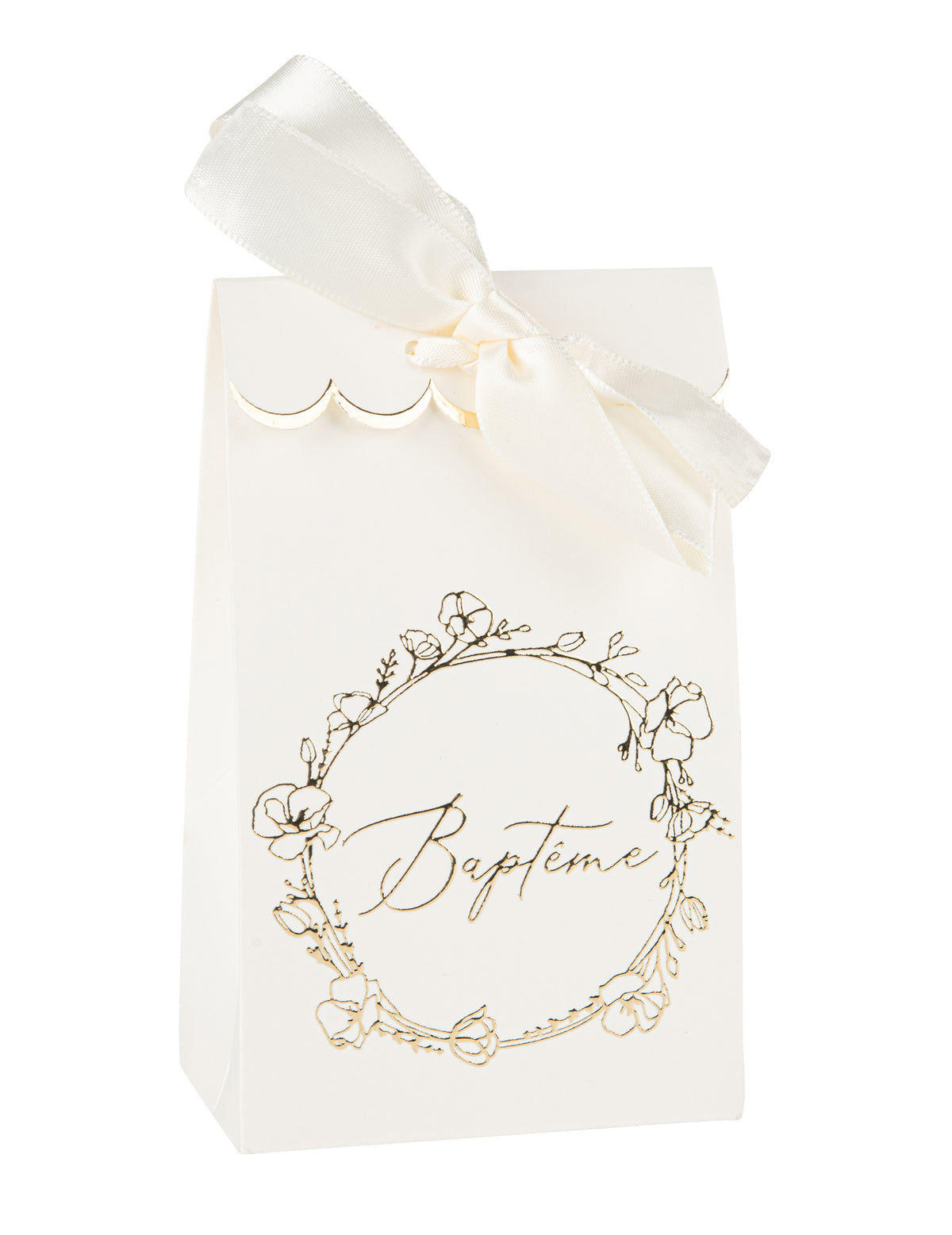 Sachet cadeau baptême en papier blanc crème et doré