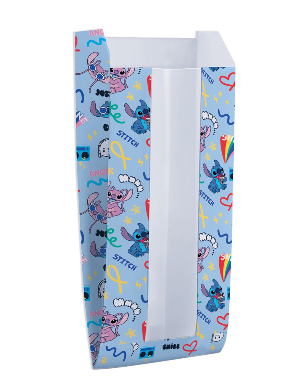 Papierové vrecká s okienkom Stitch pre dieťa modré s motívmi Stitch a Angel