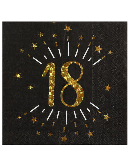 10 papierových obrúskov k narodeninám, 18 kusov, čierne a zlaté, 33 x 33 cm zlaté hviezdy