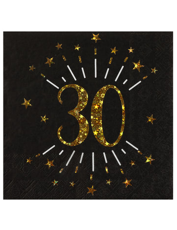 10 čierno-zlatých papierových obrúskov s hviezdičkami „Happy Birthday 30“