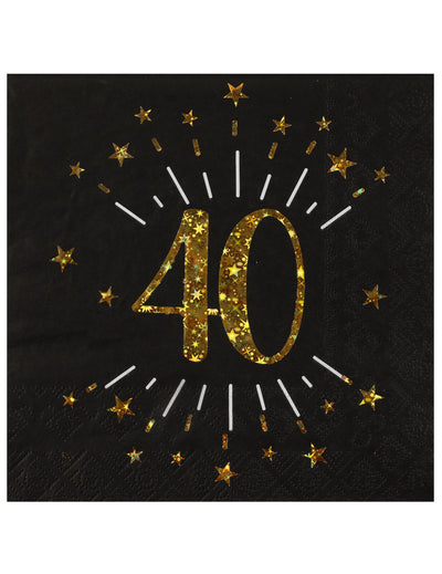 Serviettes papier joyeux anniversaire 40 pour fête noir et or avec étoiles dorées