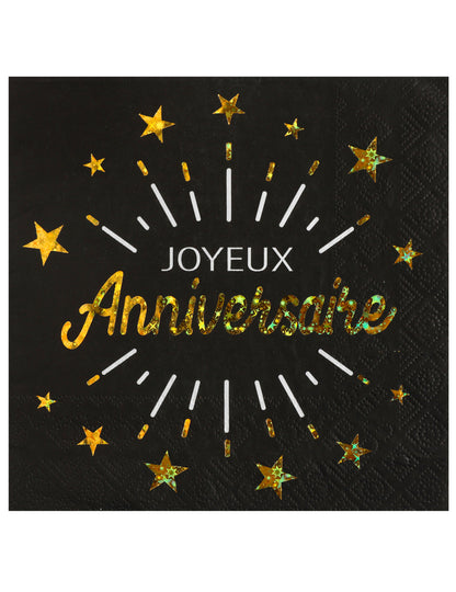 10 čierno-zlatých papierových obrúskov k narodeninám, 33 x 33 cm s hviezdami