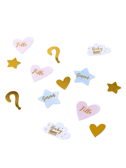 100 ružových, modrých a zlatých konfiet na odhalenie pohlavia dievčatka alebo chlapca