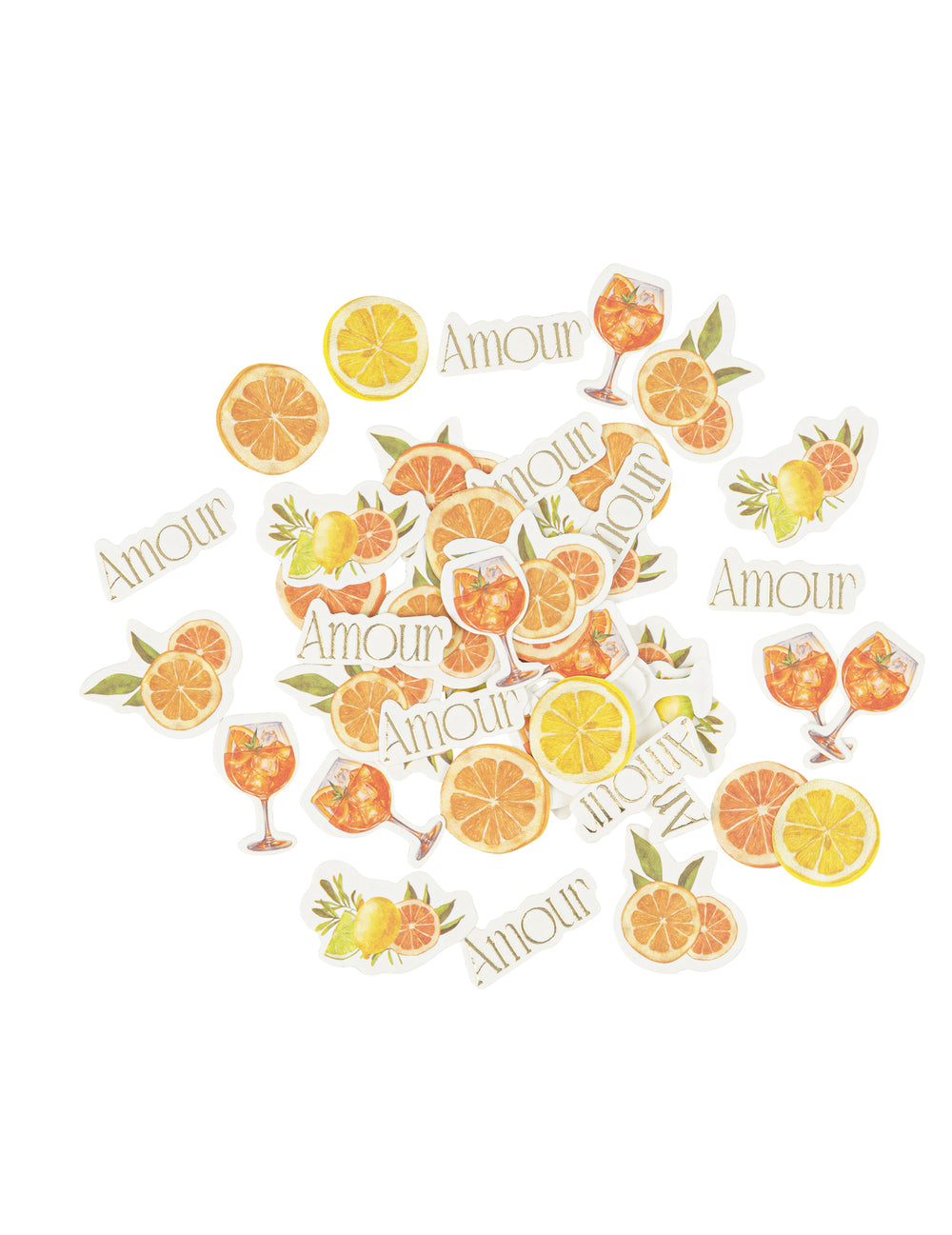 Confettis fizz agrume pour fête crème, orange, jaune et or motifs variés