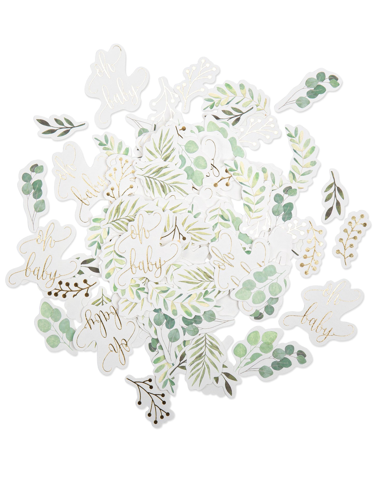 100 konfiet Oh Baby, rastlinné a so zlatým eukalyptom, na oslavu príchodu bábätka