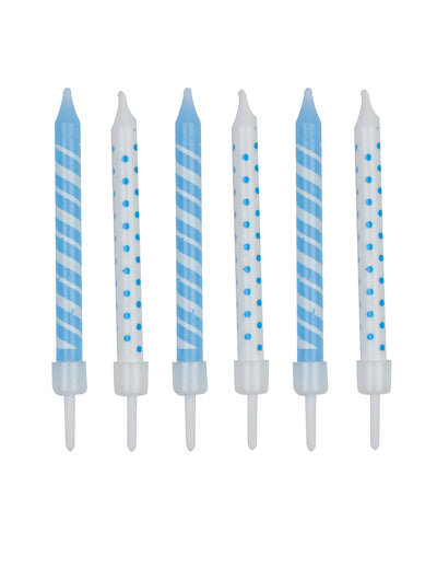 Bougies d'anniversaire rayées et à pois blanc et bleu ciel avec supports en lot de 12