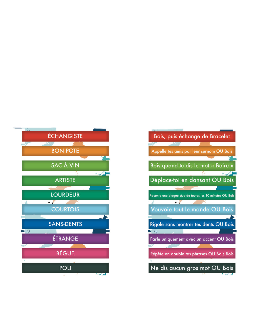 Détail des textes et défis des 10 bracelets défis humoristique pour adulte