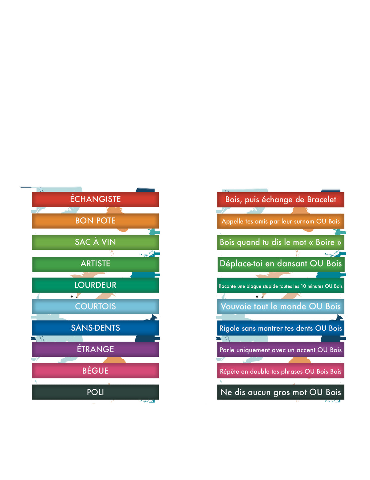 Détail des textes et défis des 10 bracelets défis humoristique pour adulte