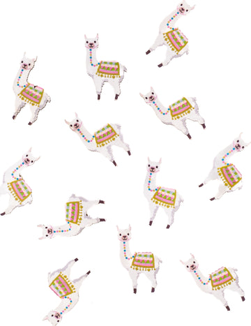 12 farebných samolepiacich drevených konfiet s motívom lamy, 3 x 1,8 cm