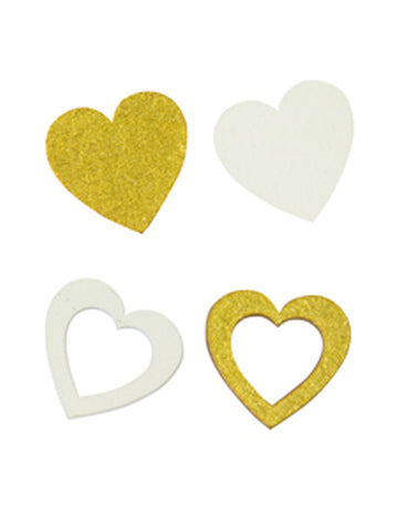 12 drevených konfiet, biele a zlaté srdcia, 2 x 2 cm prelamované a pevné