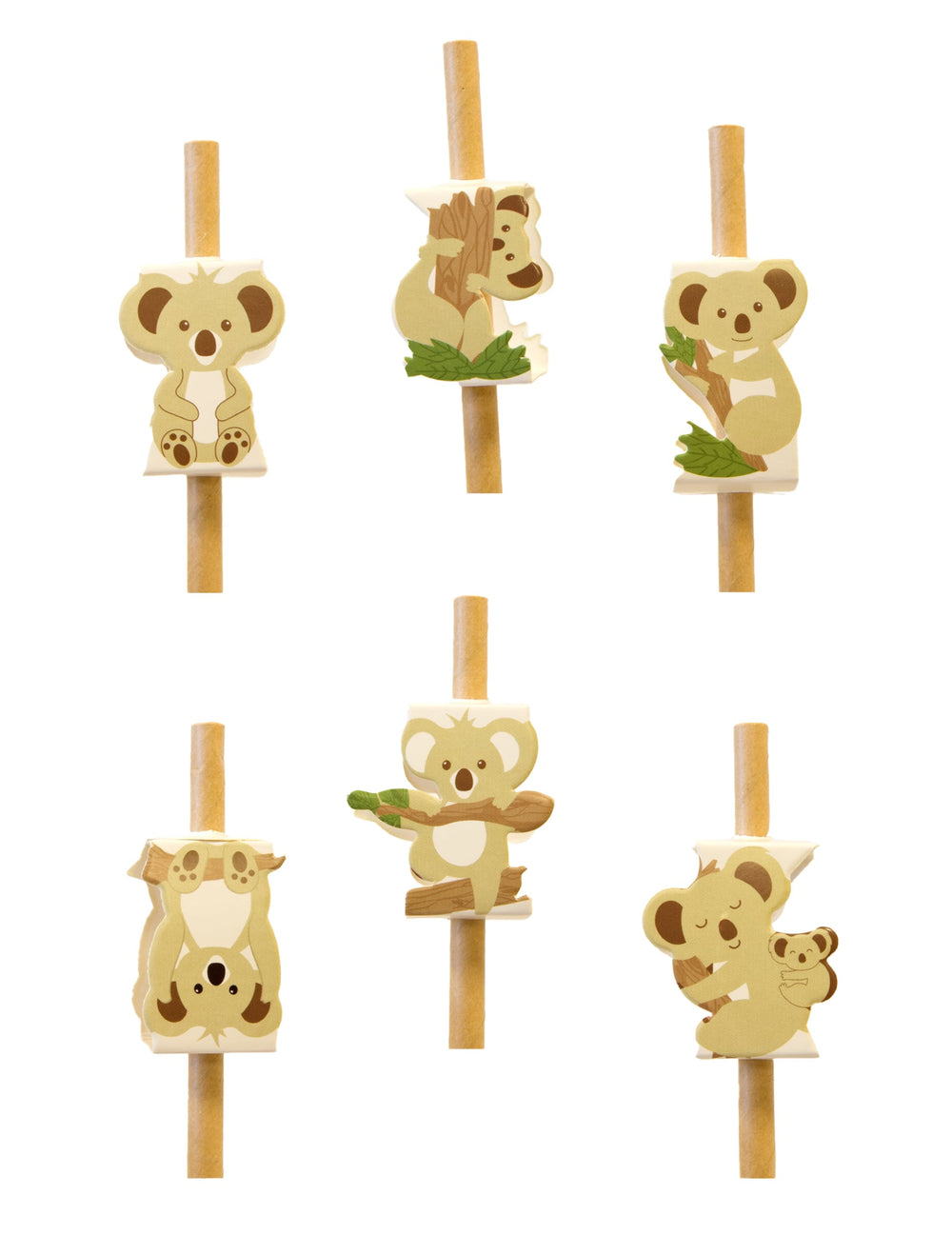 Décorations pour pailles koala pour fête en papier beige avec motifs variés
