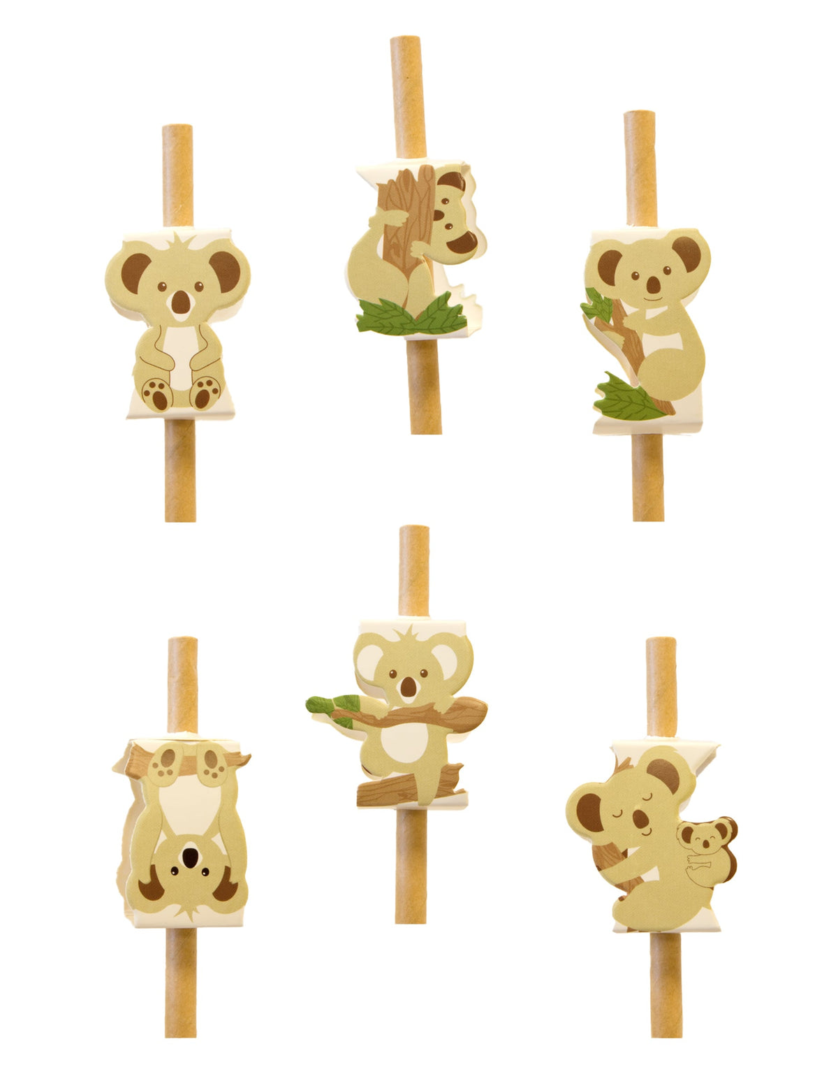 Décorations pour pailles koala pour fête en papier beige avec motifs variés