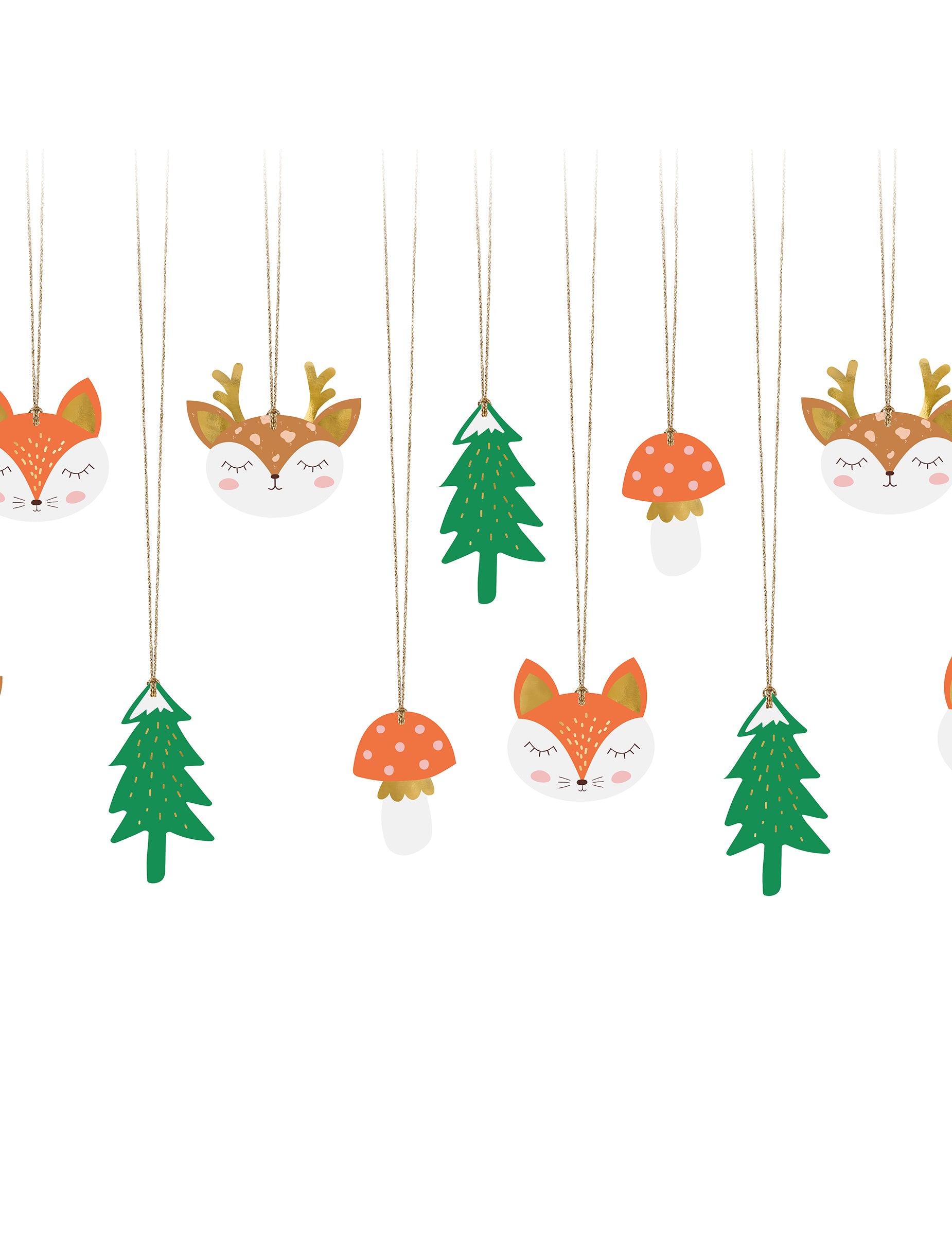 12 étiquettes en carton forêt de Noël pour décoration multicolores avec ficelle dorée