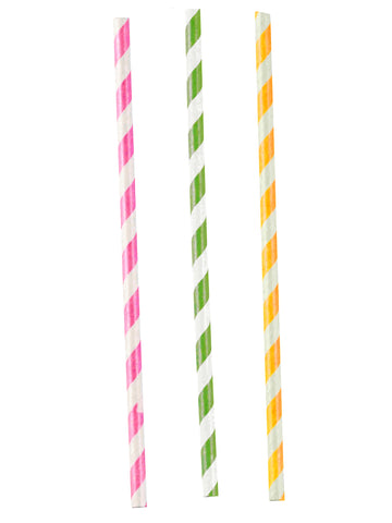 12 ružových, zelených a žltých pruhovaných papierových slamiek na oslavy