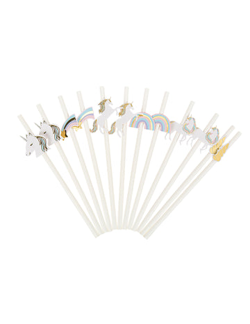 12 pastelových a zlatých slamiek v tvare jednorožca 19,5 cm na narodeniny