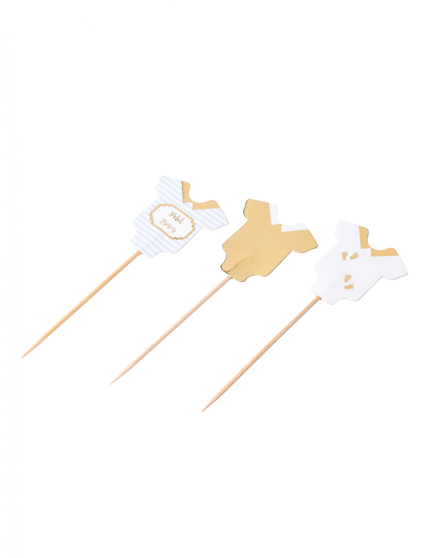 12 malých modrých, bielych a zlatých trsákov na poklady cm na detskú oslavu