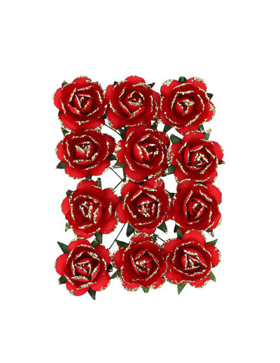 12 roses en papier sur tige rouge et or 3,5 cm