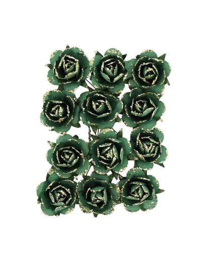 12 roses en papier sur tige vert anglais et or 3,5 cm