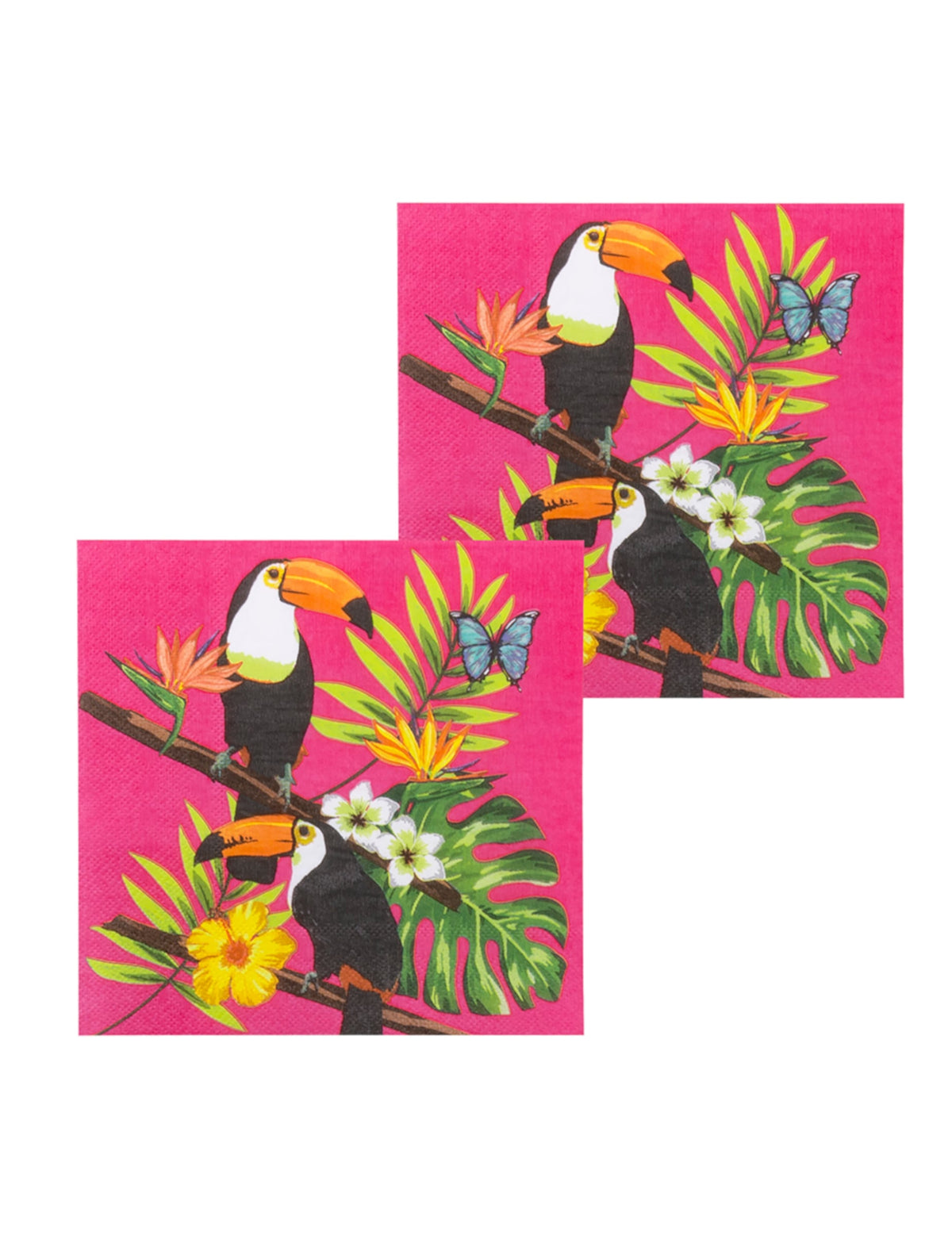 Gros plan sur l'imprimé tropical des serviettes en papier toucan fuchsia