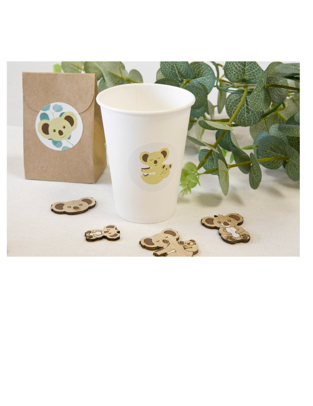 Mise en situation sur sachet et gobelet des stickers ronds Koala