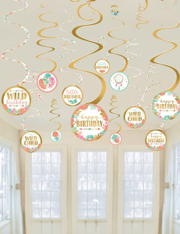 12 zlatých a bielych závesných špirálových dekorácií k narodeninám v štýle Boho