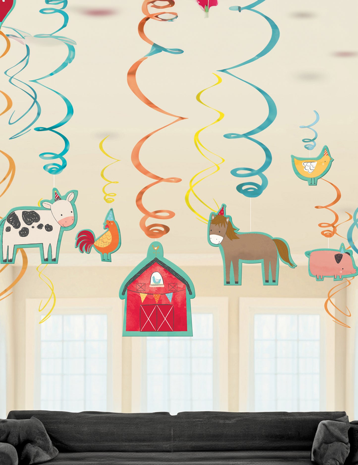 12 kovových špirálových závesných dekorácií na narodeniny na farme