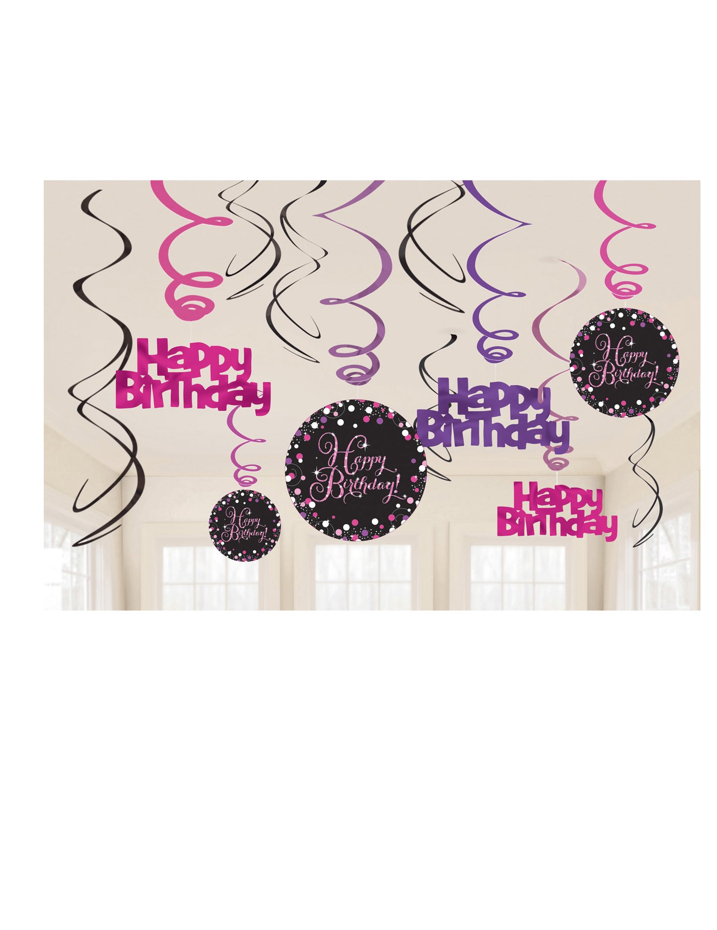 12 špirálových kartónových ozdôb, trblietavo ružová, oslava všetkého najlepšie k narodeninám