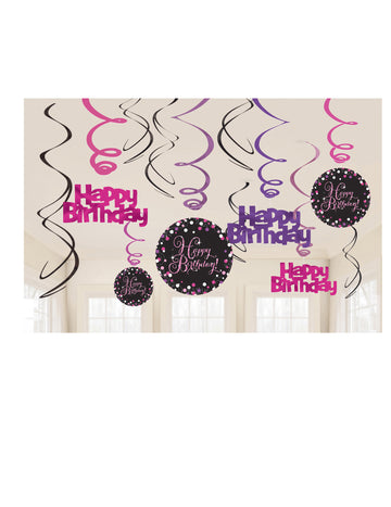 12 špirálových kartónových ozdôb, trblietavo ružová, oslava všetkého najlepšie k narodeninám