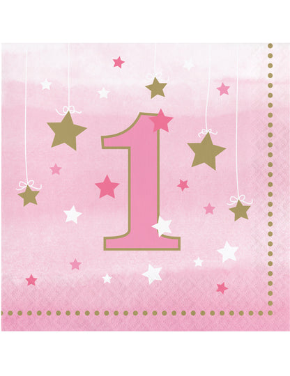 16 papierových obrúskov, 1 rok staré, ružové a zlaté hviezdičky One Little Star