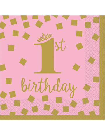 16 malých ružovo-zlatých papierových obrúskov k 1. narodeninám, 25 x 25 cm cm k prvému výročiu