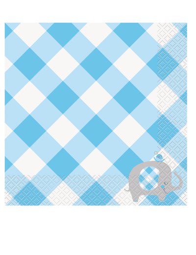 Serviettes en papier éléphant pour baby shower bleu à carreaux