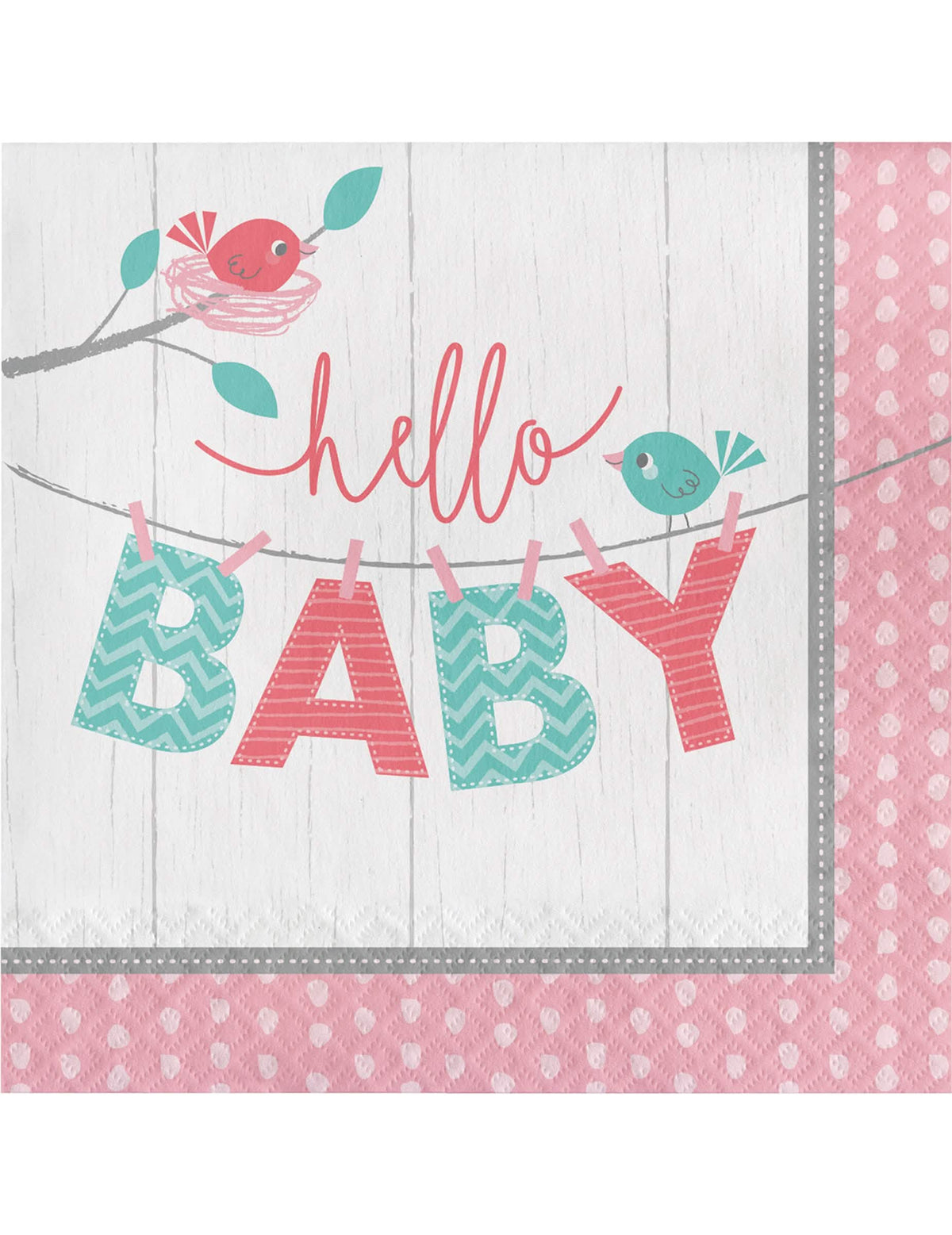papierové obrúsky Hello Baby na krst ružové s vtákmi a hniezdom