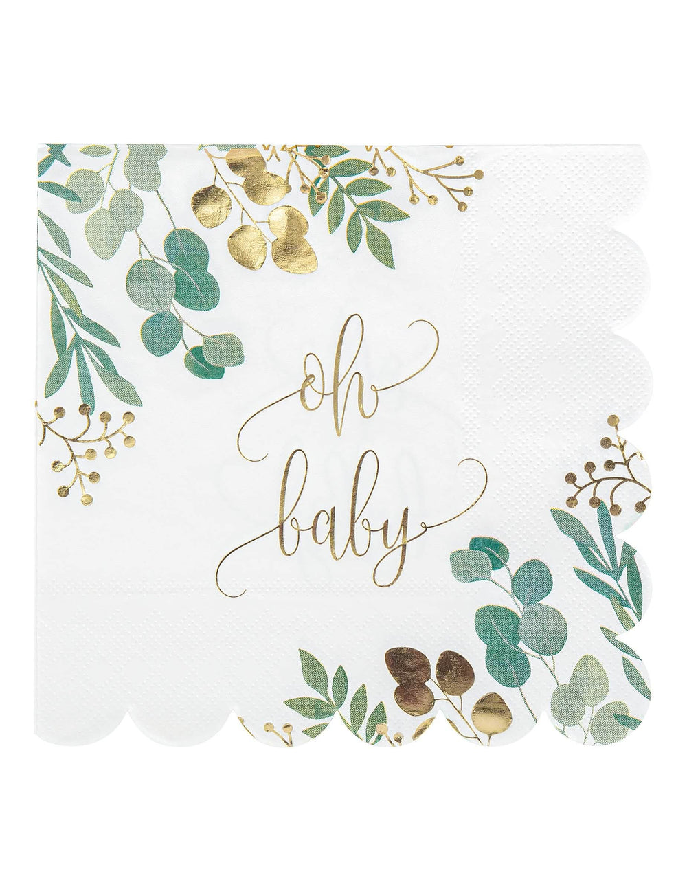 papierové obrúsky Oh Baby Eucalyptus na baby shower s pozlátením a vlnitými okrajmi