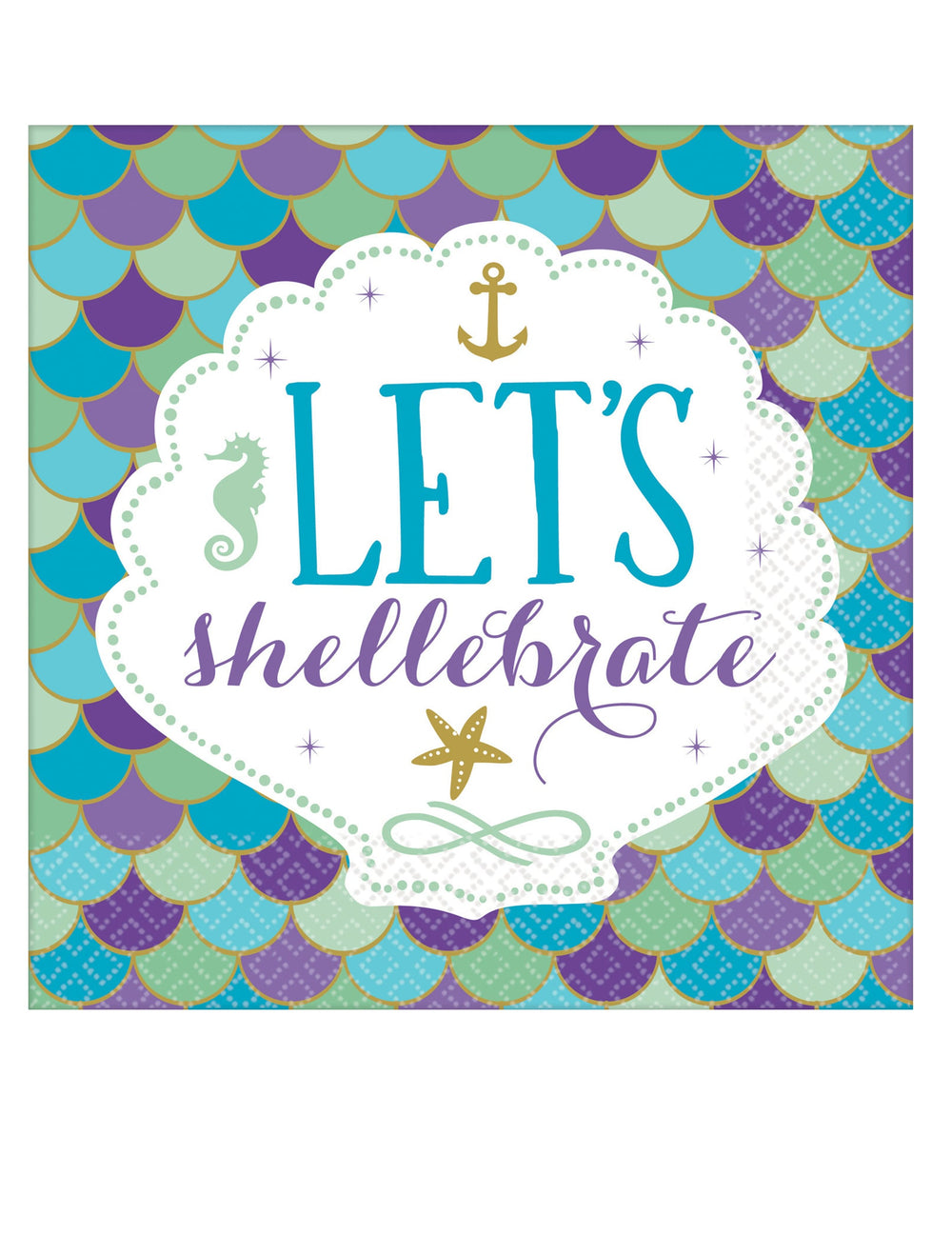 Serviettes en papier rêves de sirène pour anniversaire avec motifs écailles bleues et violettes Let's Shellebrate