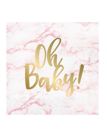 16 ružových mramorovaných papierových obrúskov so zlatou potlačou „oh baby“, 33 x 33 cm cm