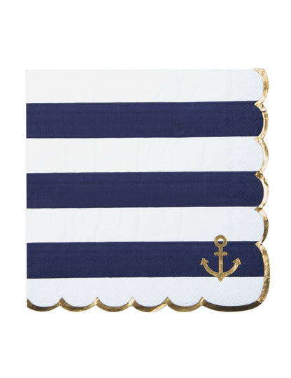 16 vlnčekových papierových obrúskov s námorníckym pruhovaným vzorom, 33 x 33 cm so zlatými okrajmi