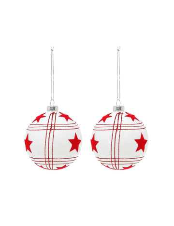 2 biele sklenené gule s červenými hviezdami 8 cm 