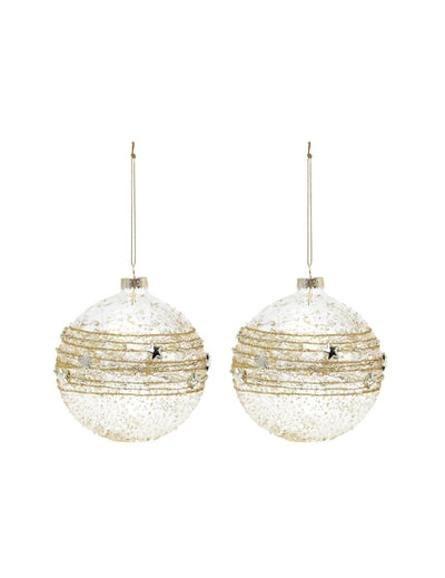 Boules en verre décoration de Noël doré avec fils scintillants et petites étoiles