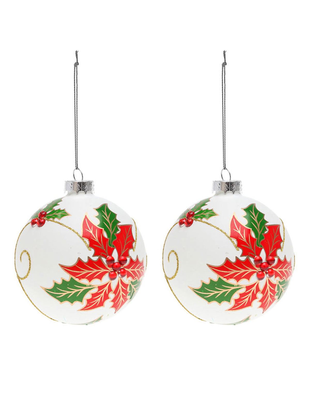 2 boules en verre avec houx pour sapin blanches