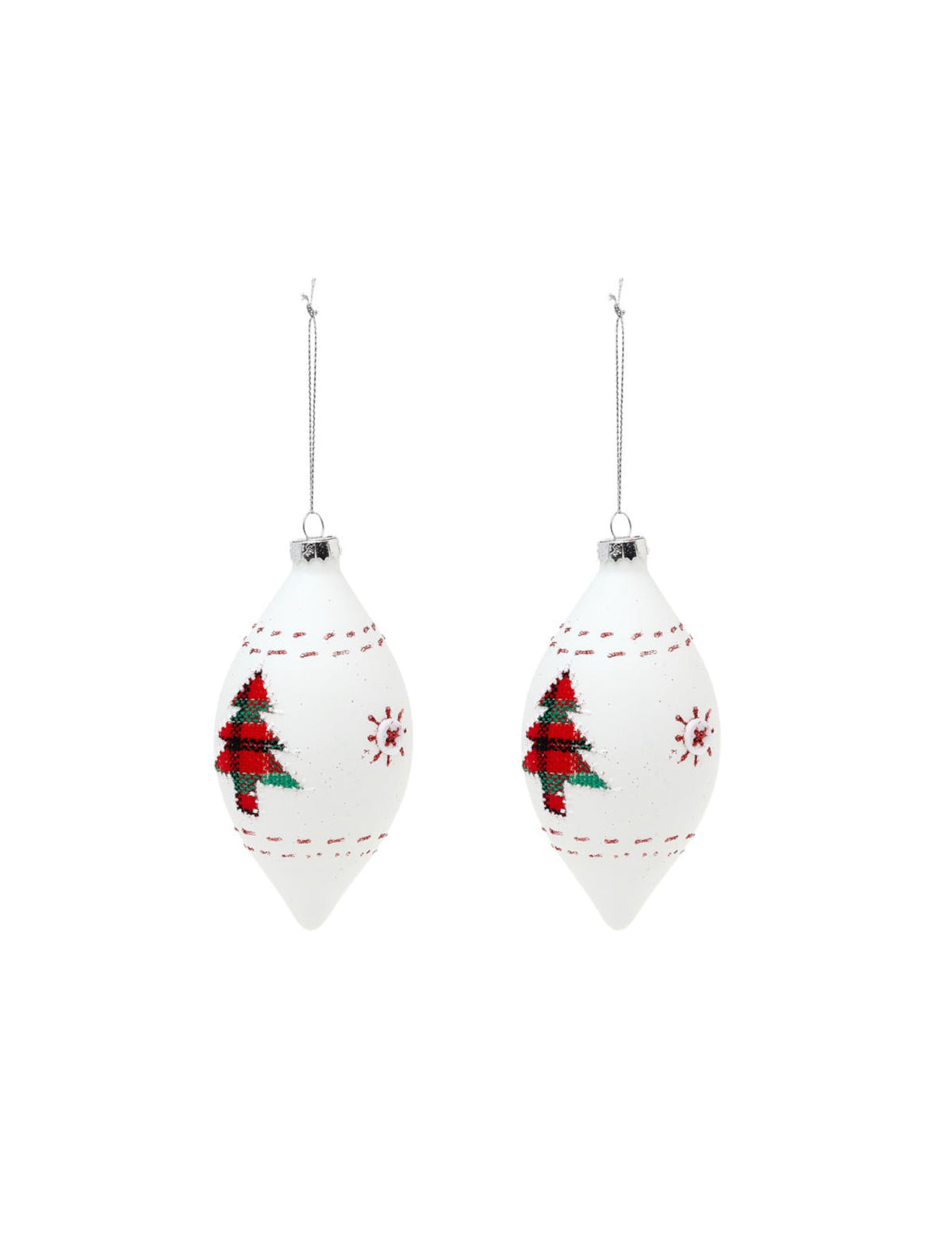 2 boules en verre goutte décor traditionnel blanches avec sapins rouges et verts