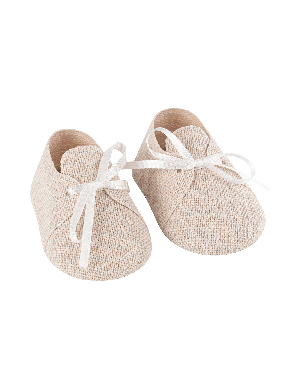 Contenants en forme de chaussures bébé effet lin beige avec rubans blancs