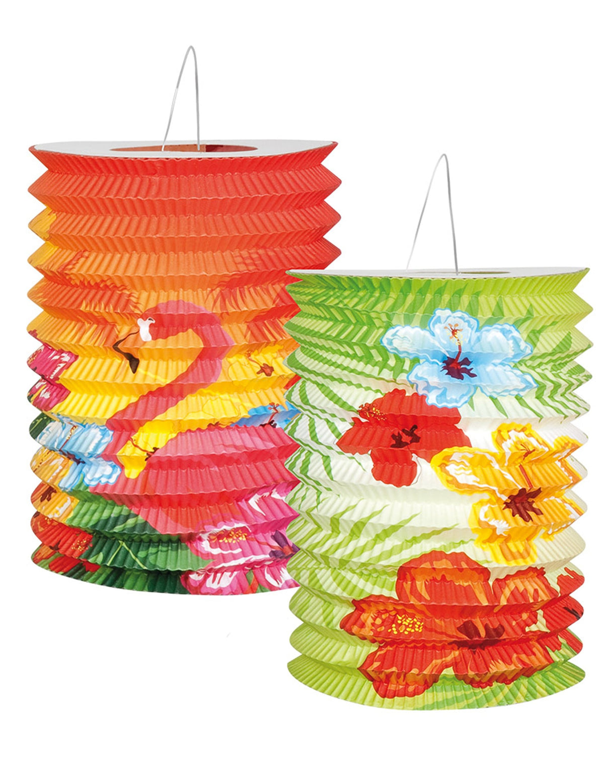 Lanternes Hawaï pour fête multicolores avec motifs flamant rose et hibiscus