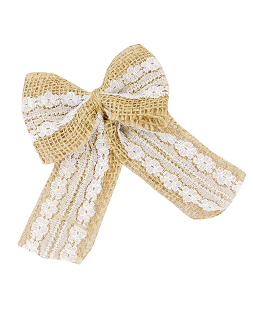 Nœuds en toile de jute et dentelle pour mariage champêtre beige et blanc