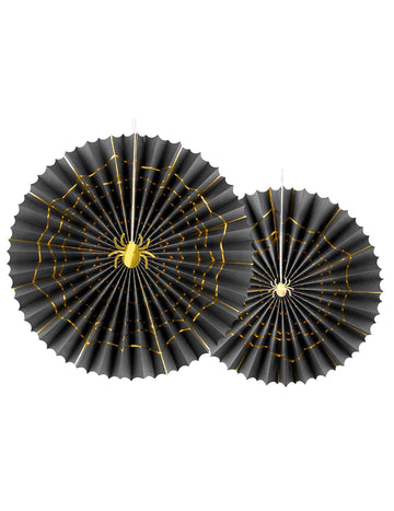 2 ozdobné papierové rozety v čierno-zlatej farbe s pavúkom, veľkosti 32 a 40 cm na Halloween