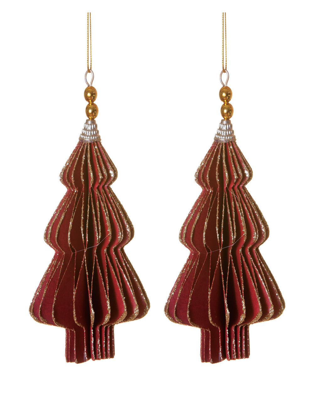 2 suspensions origami sapins rouges aux bords dorés