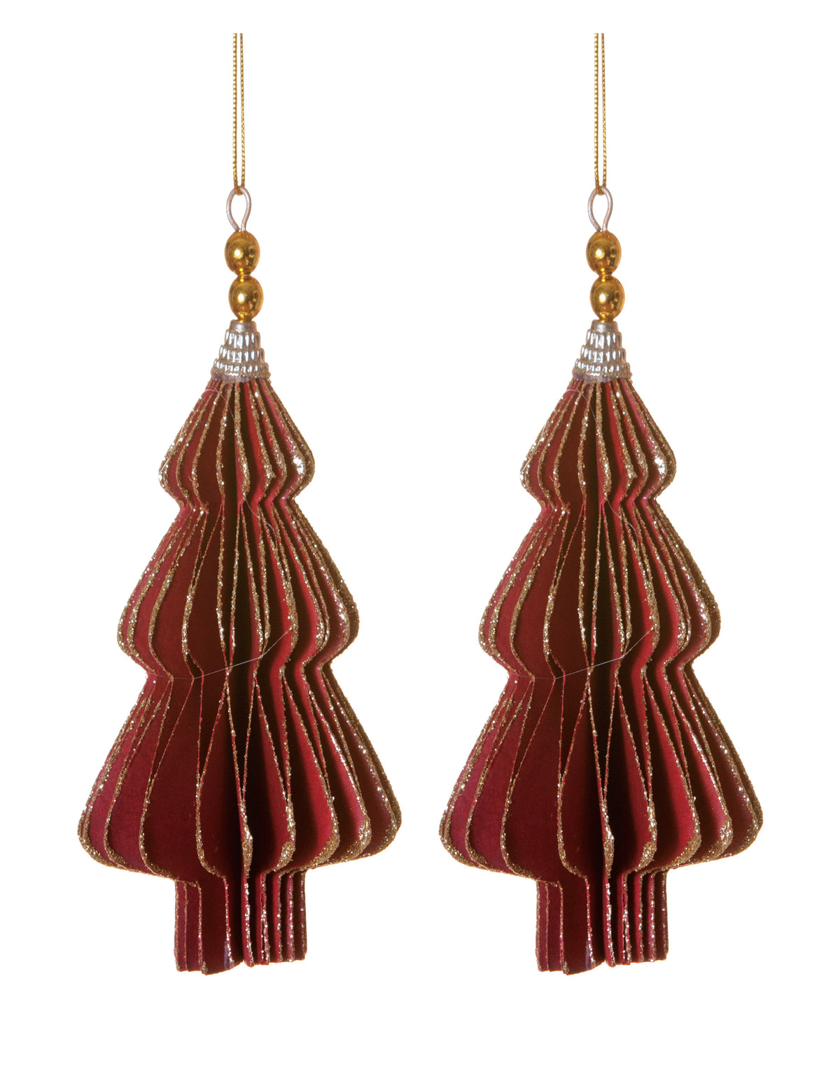 2 suspensions origami sapins rouges aux bords dorés